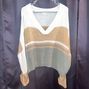 POL Cream and Tan V-Neck Sweater with Color Block Design